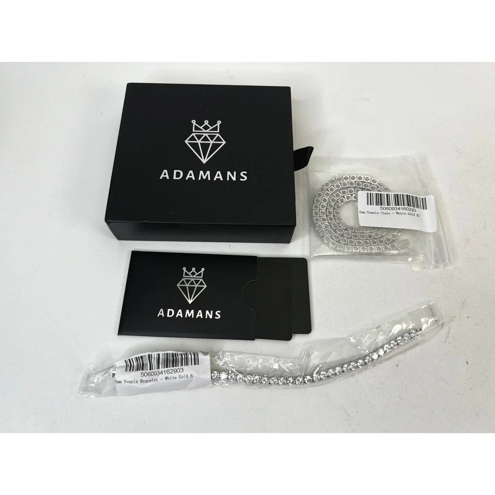 Adamans 5mm‎ Tennis Chain & Bracelet White Gold Plated Mens Jewelry Gift Box